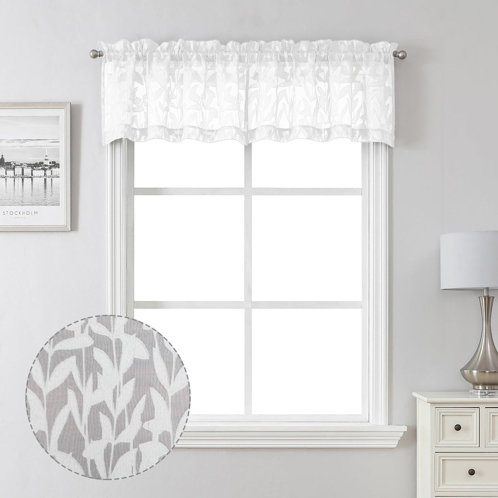 Lecloud Leia Texture White Curtains Sheer Valance 14 Inch Long 2 Pcs, Dual Rod Pockets Window Small Curtain Kitchen/Bedroom/Livi