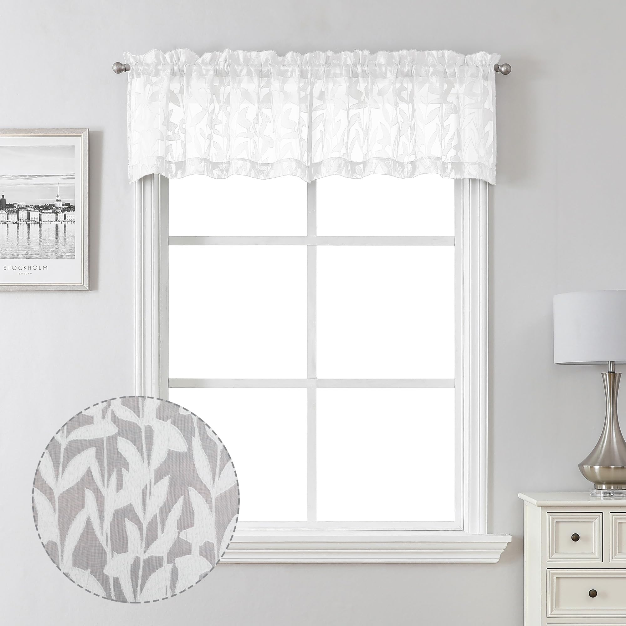 Lecloud Leia Texture White Curtains Sheer Valance 14 Inch Long 2 Pcs, Dual Rod Pockets Window Small Curtain Kitchen/Bedroom/Livi