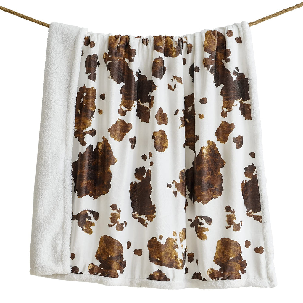 Indigo Hill By Hiend Accents Elsa Sherpa Cow Print Blanket, Brown Cowhide Pattern Rustic Western Throw Blankets For Camping Outd