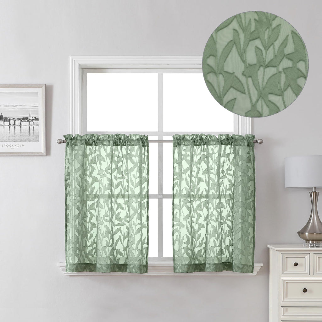 Lecloud Leia Sage Green Valance Sheer Cafe Curtains 24 Inch Length 2 Packs, Bathroom/Basement/Kitchen Curtain Tiers Small Window