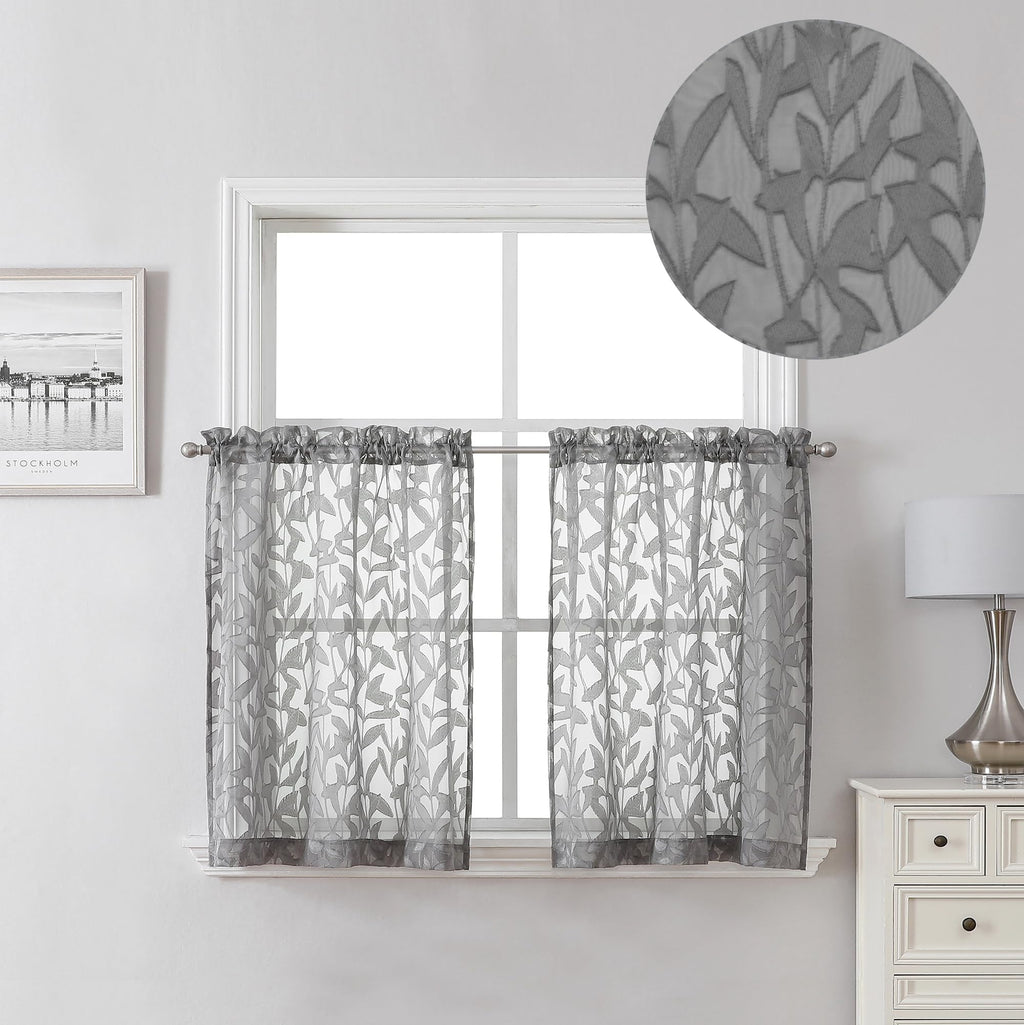 Lecloud Leia Clip Leaf Charcoal Grey Curtains Tiers Sheer Valances For Windows 24 Inch Length 2 Packs, Jacquard Textured Kitchen