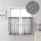 Lecloud Leia Clip Leaf Charcoal Grey Curtains Tiers Sheer Valances For Windows 24 Inch Length 2 Packs, Jacquard Textured Kitchen
