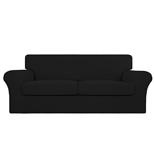 Easy-Going 3 Pieces Stretch Oversized Loveseat Couch Cover For 2 Cushion Couch Sofa Cover For Dogs Washable Sofa Slipcover Elastic Furniture Protector For Pets (Black, Oversized Loveseat)