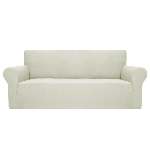 Jiviner High Stretch Couch Covers For 3 Cushion Couch, 1-Piece Jacquard Sofa Slipcovers Fitted Washable Sofa Covers With Elastic Bottom Furniture Protector For Kids Pets (Sofa, Natural)