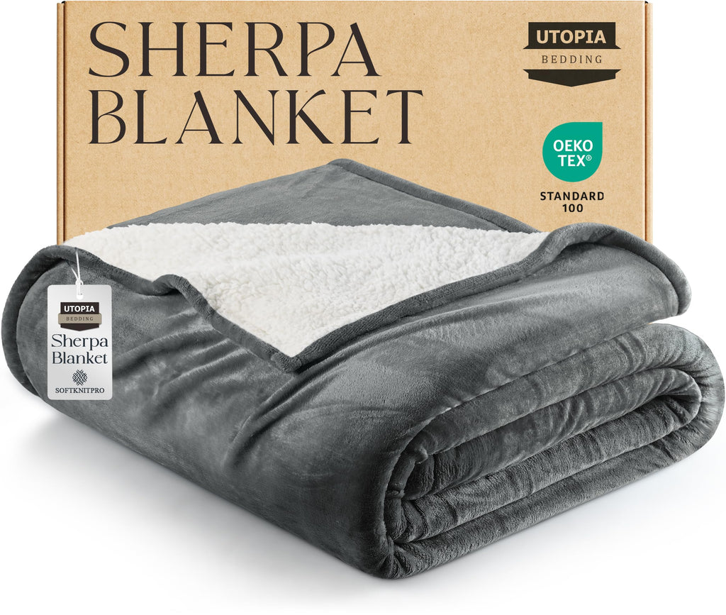 Utopia Bedding Sherpa Blanket Queen Size [Grey, 90X90 Inches] - 480Gsm Thick Warm Plush Fleece Reversible Blanket For Bed, Sofa,