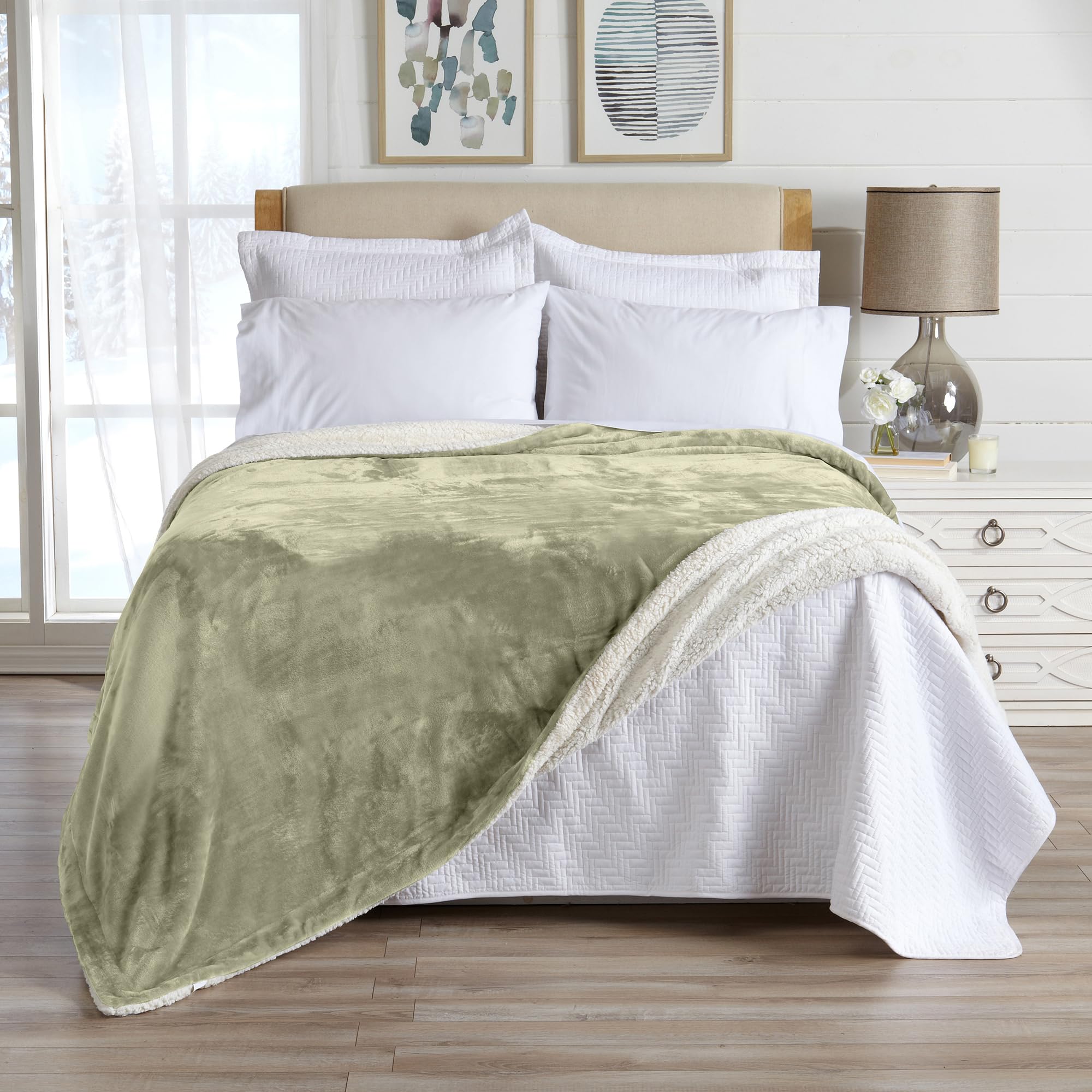 Sherpa Fleece And Velvet Plush Full/Queen Throw Blanket Loden Green, Thick Blanket For Chair, Sofa, Or Bed. Warm, Reversible, So