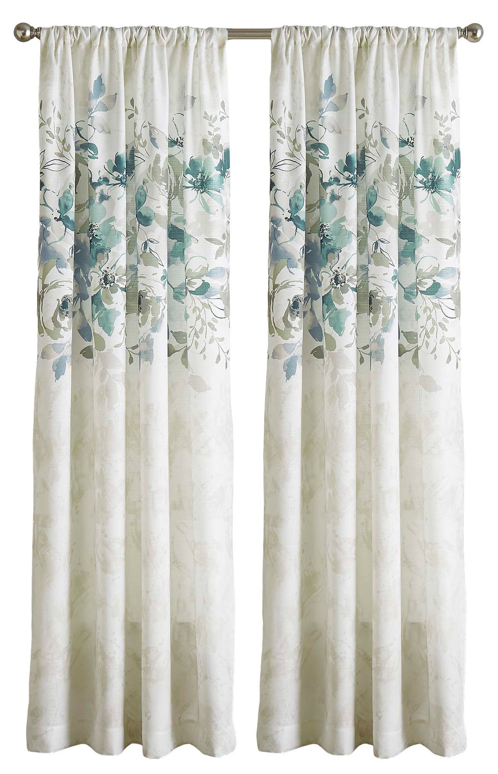 Chf Watercolor Floral Print Flip Over Rod Pocket Single Curtain Panel, 84 In, Aqua