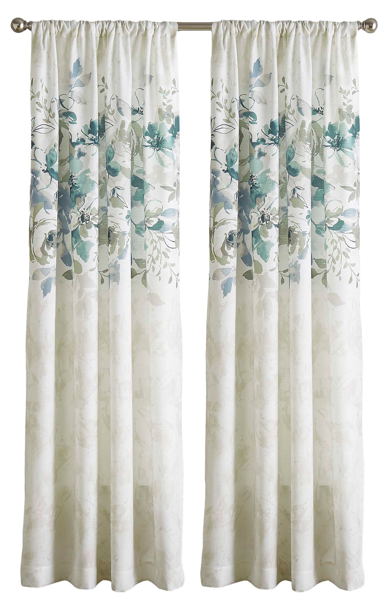 Chf Watercolor Floral Print Flip Over Rod Pocket Single Curtain Panel, 84 In, Aqua