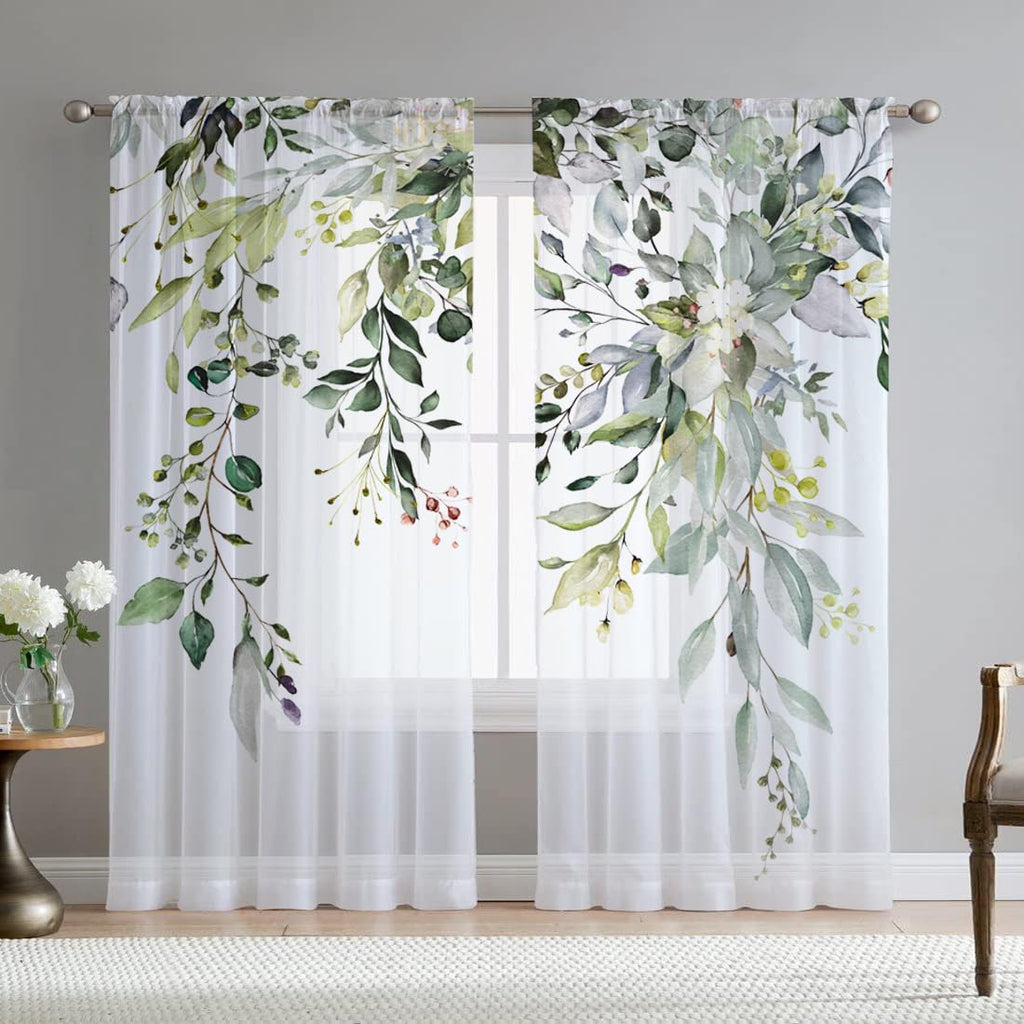 Fereyis Green Eucalyptus Leaves Curtains For Living Room 63 Inch Length 2 Panels Set Elegant Wild Flower Floral Spring Printed W