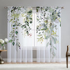 Fereyis Green Eucalyptus Leaves Curtains For Living Room 63 Inch Length 2 Panels Set Elegant Wild Flower Floral Spring Printed W