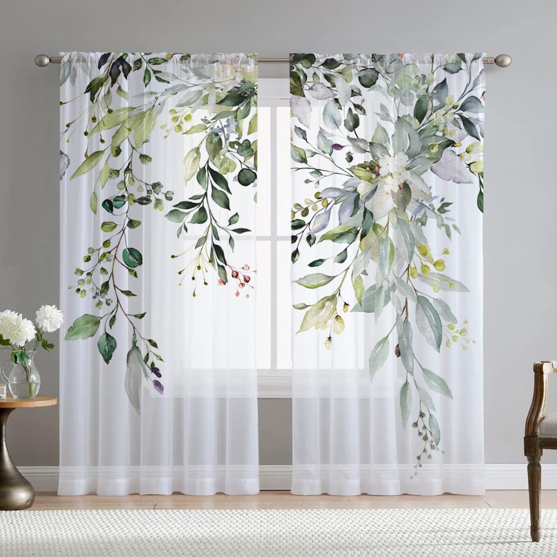 Fereyis Green Eucalyptus Leaves Curtains For Living Room 63 Inch Length 2 Panels Set Elegant Wild Flower Floral Spring Printed W