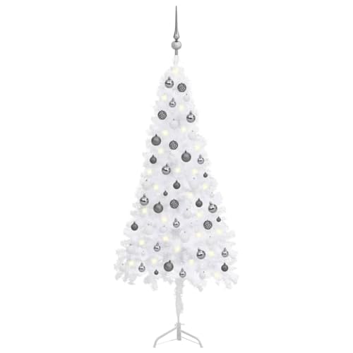 Vidaxl Corner Artificial Christmas Tree With Leds & Ball Set In White & Gray Shades, 5 Ft Pvc Christmas Decor With Stand