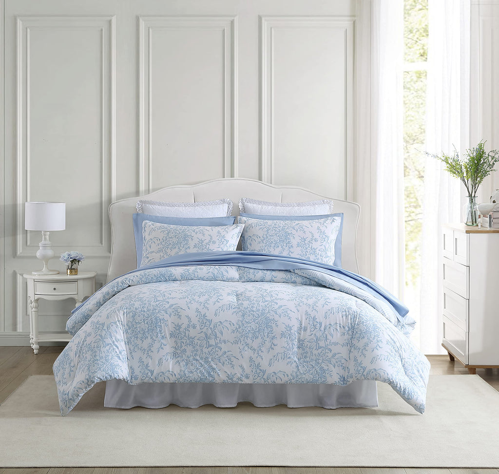 Laura Ashley- King Comforter Set, Cotton Reversible Bedding Set With Matching Sham(S), Farmhouse Home D  Cor (Bedford Blue, King