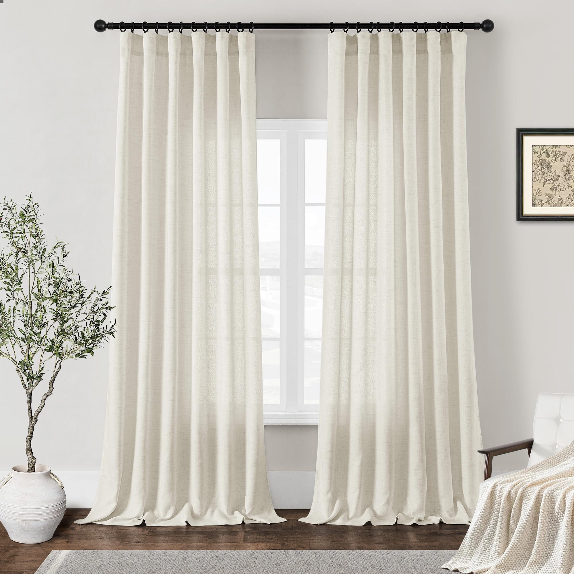 Dukiyo 120 Inch Long Linen Curtains Natural Large Tall Rod Pocket Hook Belt Window Curtains Semi Sheer Light Filtering Privacy H