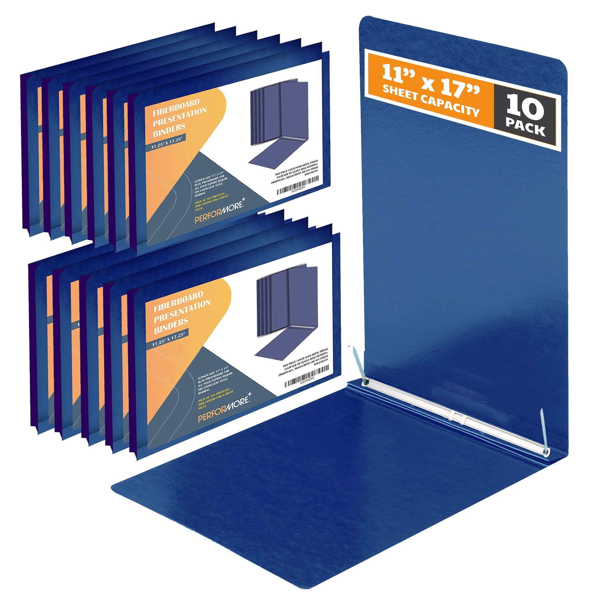 Ring Binder Depot 10 Pack Blue 11”x17” Landscape Pressboard Presentation Binders with 3 Metal Prong Fasteners - Heavy-Duty Document Covers
