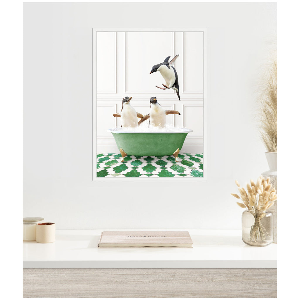 Sylvie Penguins in Eclectic Green Panel Wall Bathtub Framed Canvas by Amy Peterson
