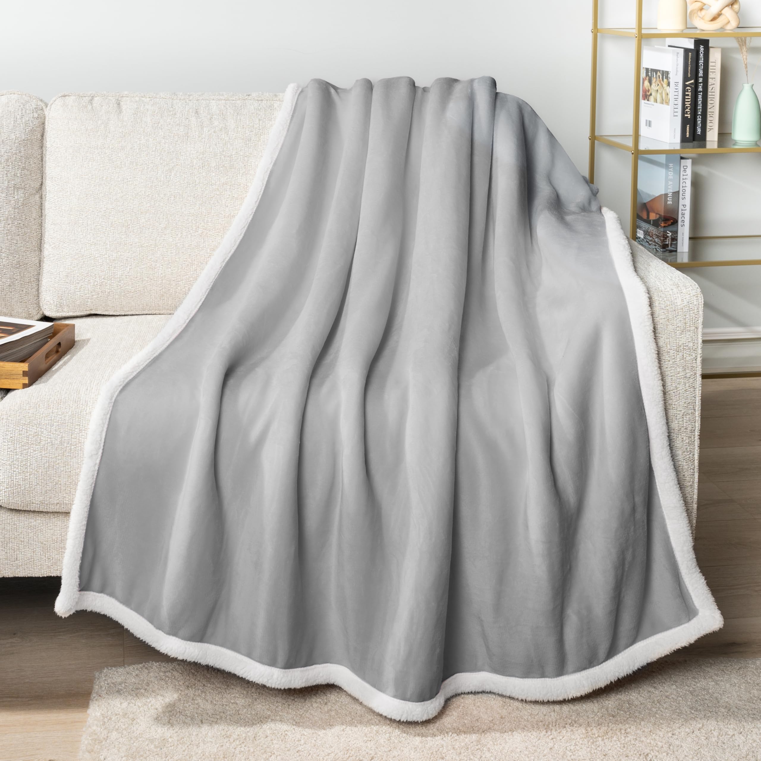 Pavilia Light Grey Sherpa Fleece Throw Blanket For Couch, Soft Thick Bed Blanket For Sofa, Cozy Warm Throw Blanket All Season, F