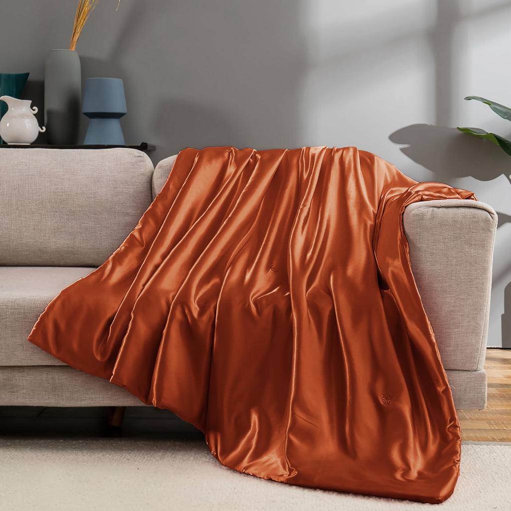 Vonty Satin Throw Blanket Burnt Orange Satin Blankets 90X90 Inches(With Small Flowers), Cooling & Silky Throw Blanket Wrinkle-Fr