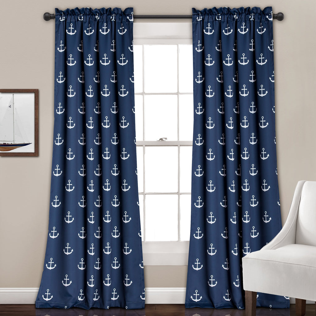 Lush Decor Darkening Window Curtain Set, Navy Anchor Print, 52' W X 84' L
