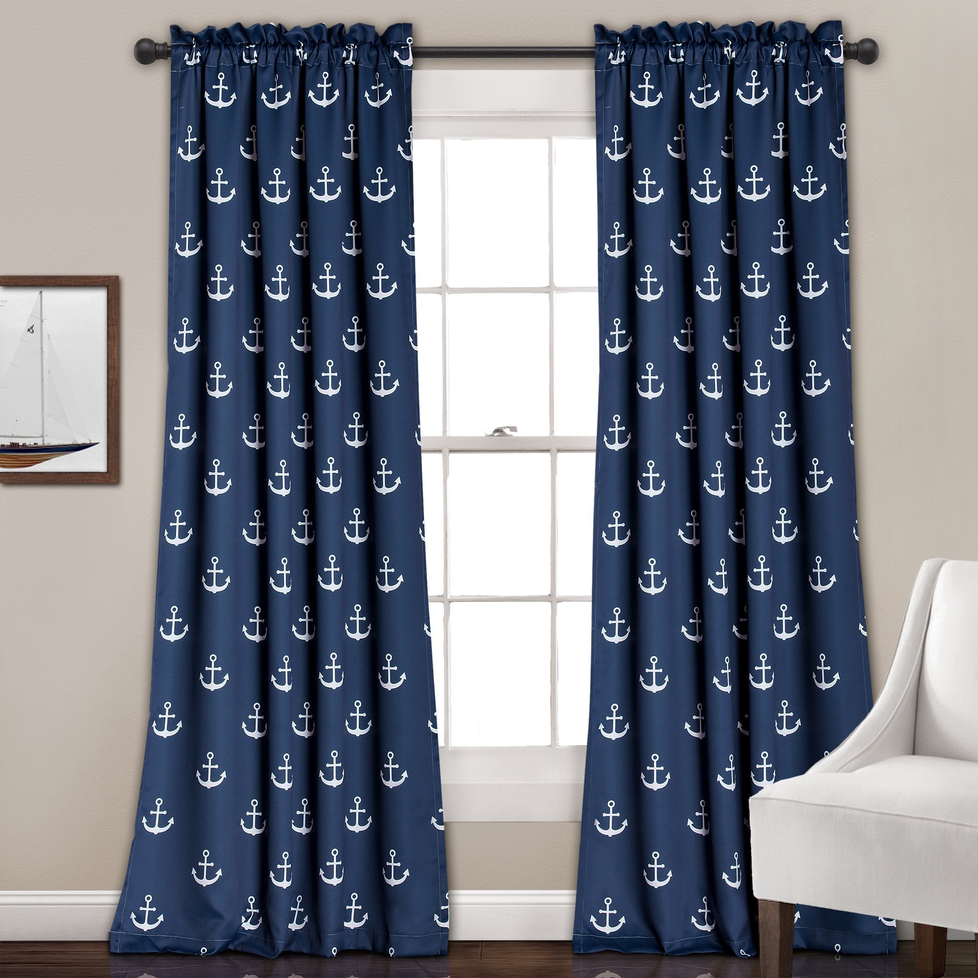 Lush Decor Darkening Window Curtain Set, Navy Anchor Print, 52' W X 84' L