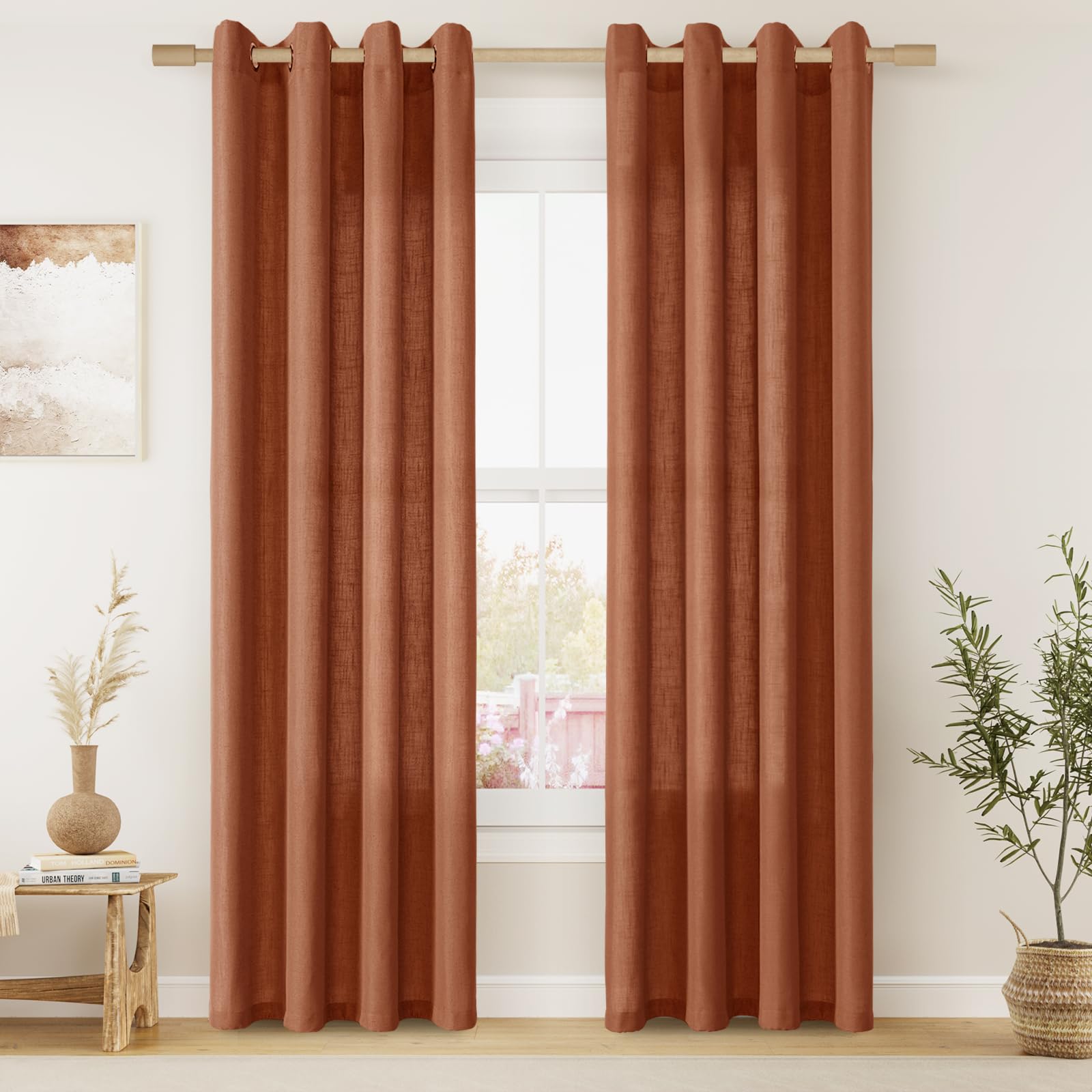 Terracotta Linen Curtains 84 Inch Length 2 Panels Set For Living Dining Room Grommet Light Filtering Semi Sheer Drapes Boho Farm