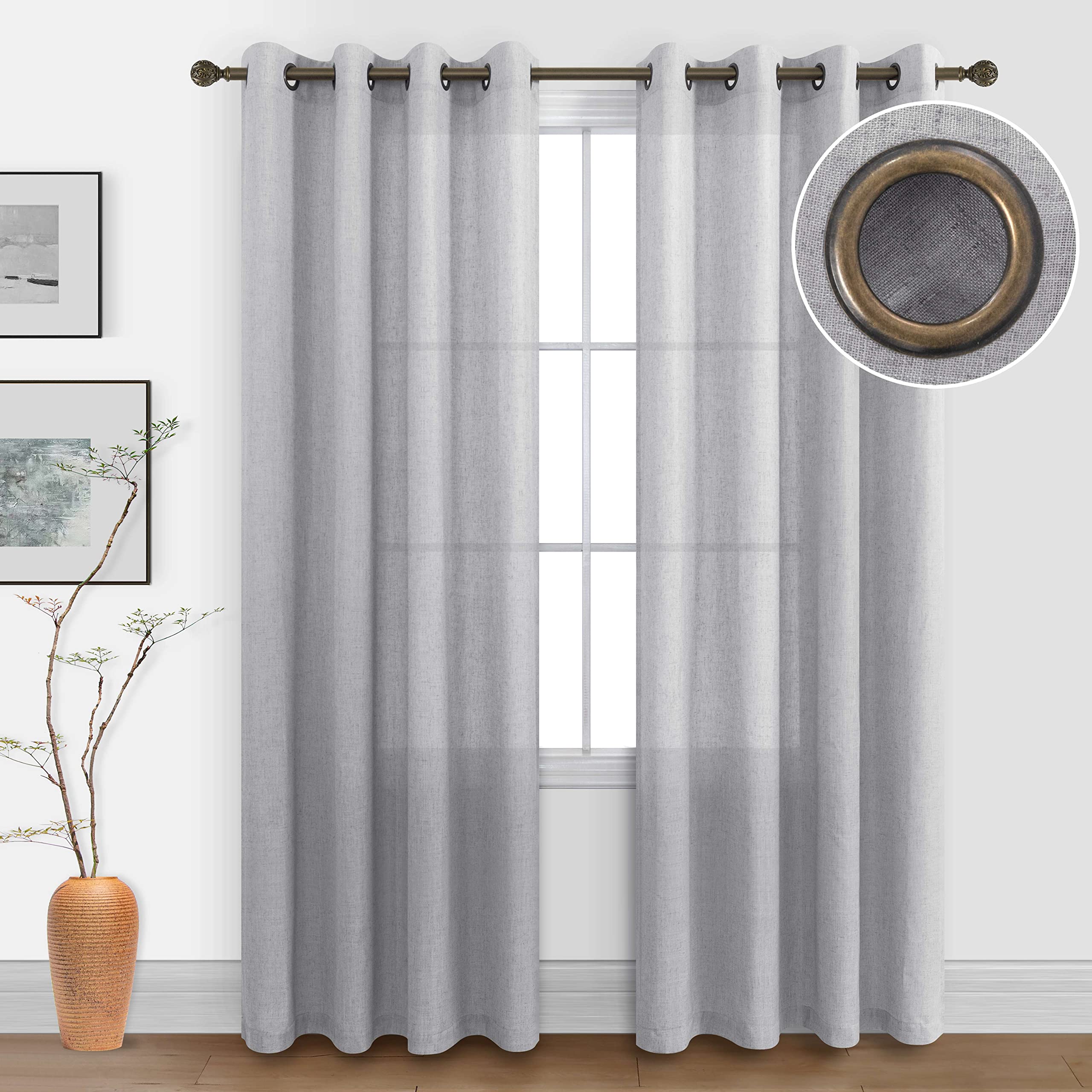 Koufall Light Grey Curtains 84 Inch Length For Living Room 2 Panels Set Bronze Grommet Light Filtering Semi Sheer Linen Curtain