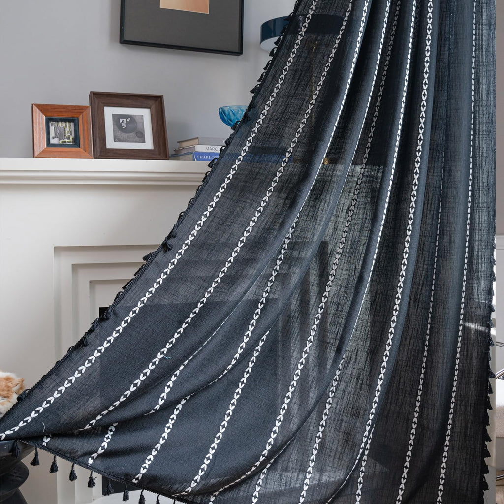 Colorbird Black Curtains For Living Room, 2 Panels Linen Curtains 84 Inches Long, Boho Room Darkening Black Drapes, Embroidered
