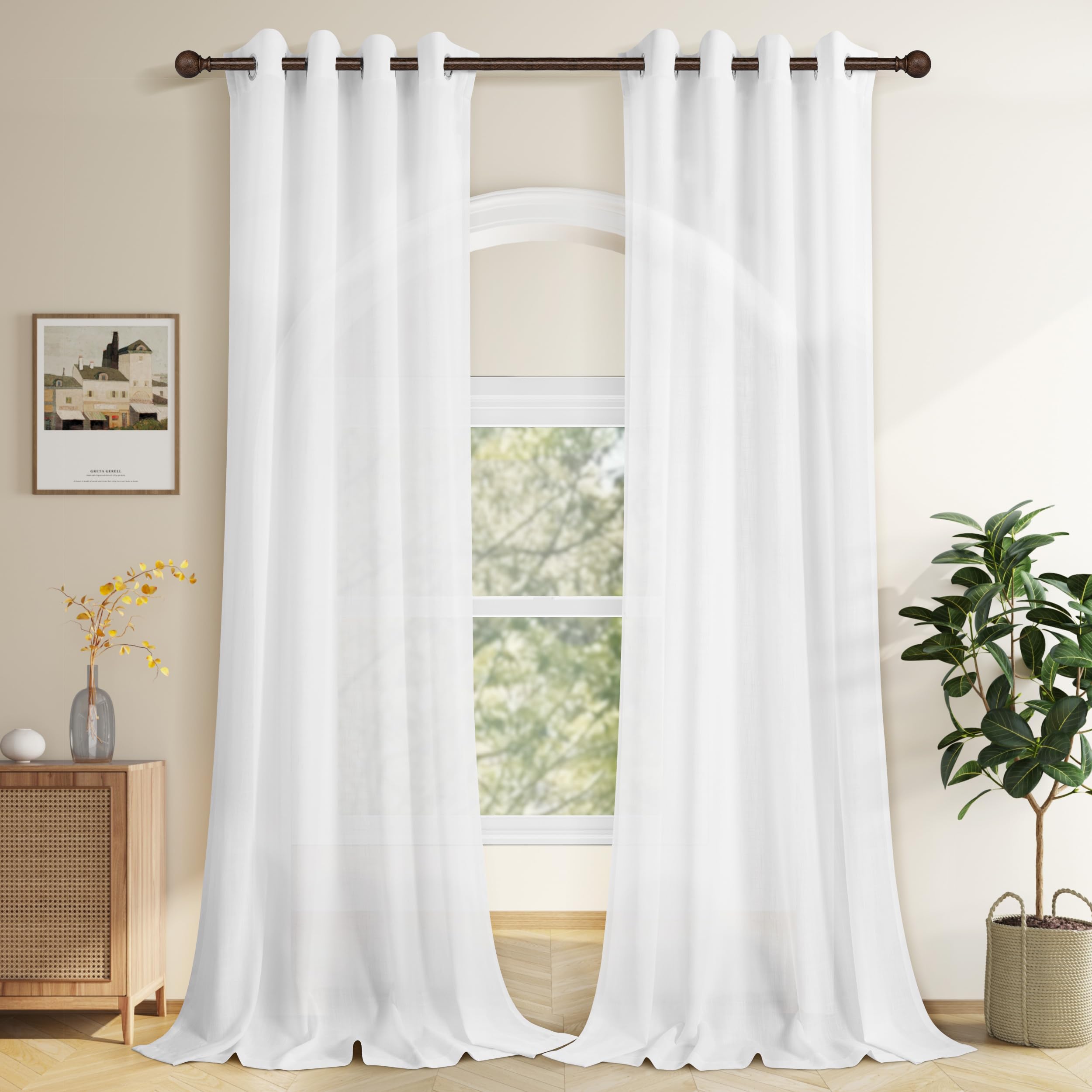White Sheer Linen Curtain 108 Inches Long 2 Panels For Ceiling Living Room Drapes Grommet Aesthetic Boho Modern Farmhouse Cotton