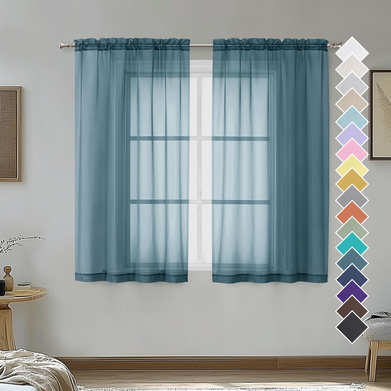 Ovzme Dusty Blue Sheer Curtains 45 Inches Long 2 Panels, Light Filtering Sheer Curtains For Bedroom, Elegant Airy Draperies For