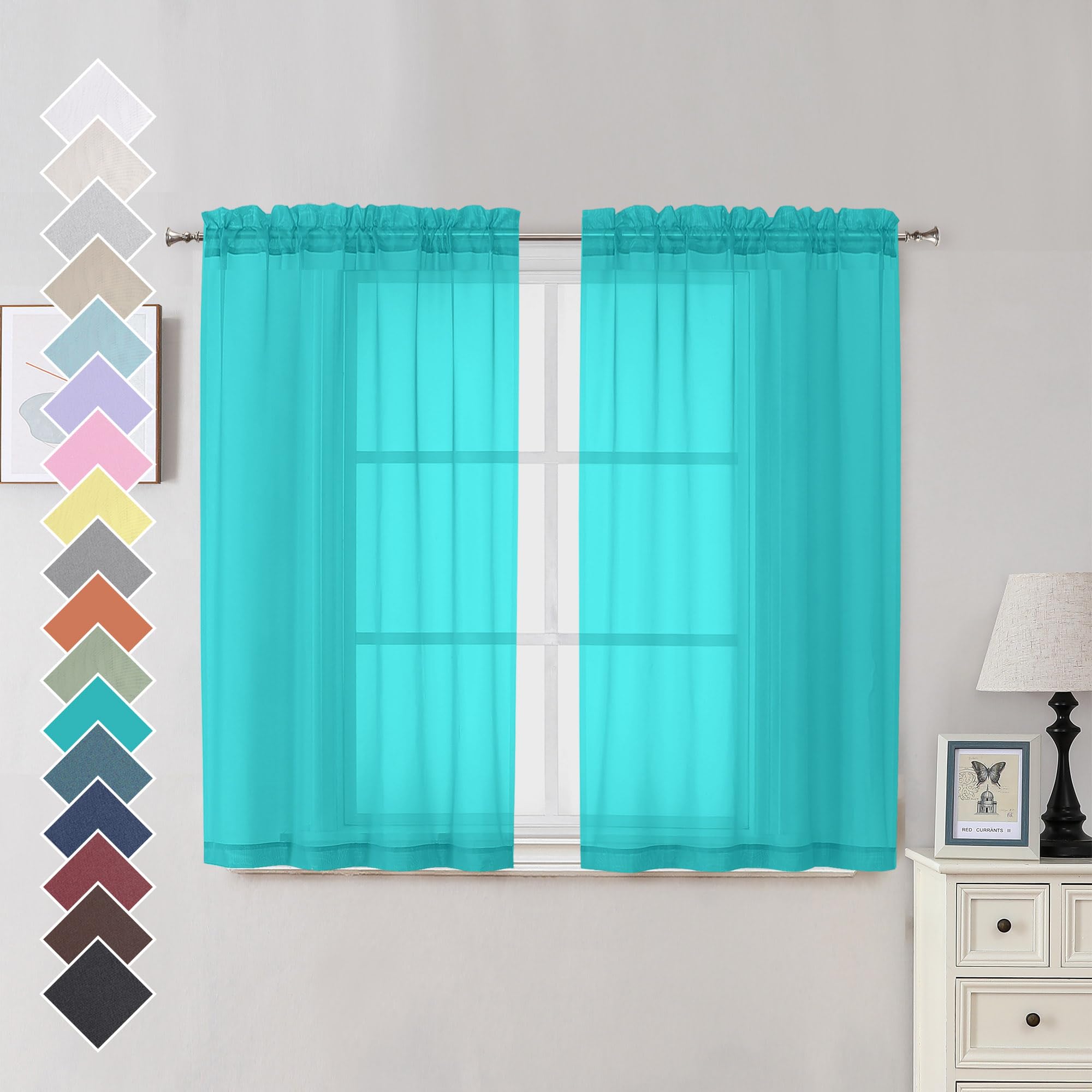Ovzme Turquoise Sheer Curtains 45 Inches Long 2 Panels, Light Filtering Sheer Curtains For Bedroom, Elegant Airy Draperies For L