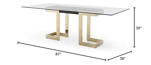 HomeRoots Clear and Gold 12mm Glass Steel; Stainless Steel 87" X 39" X 30" Polished Gold Glass Stainless Steel Dining Table