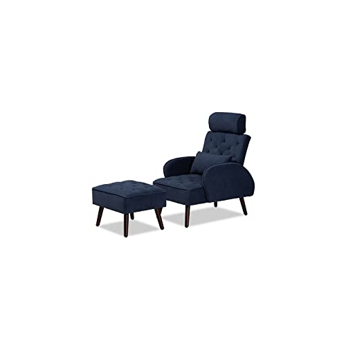 Baxton Studio Haldis Modern and Contemporary Navy Blue velvet Fabric Upholstered and Walnut Brown Finished Wood 2-Piece Lounge Chair and Ottoman Set