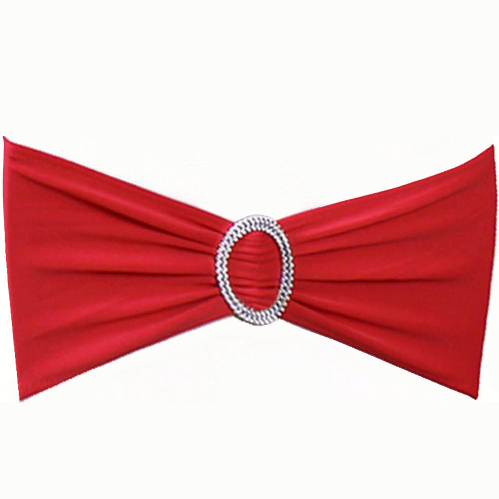 Sinssowl 100Pcs Stretch Wedding Red Chair Sashes Bands With Buckle Slider Bow Decorations 25 Colors (Red)