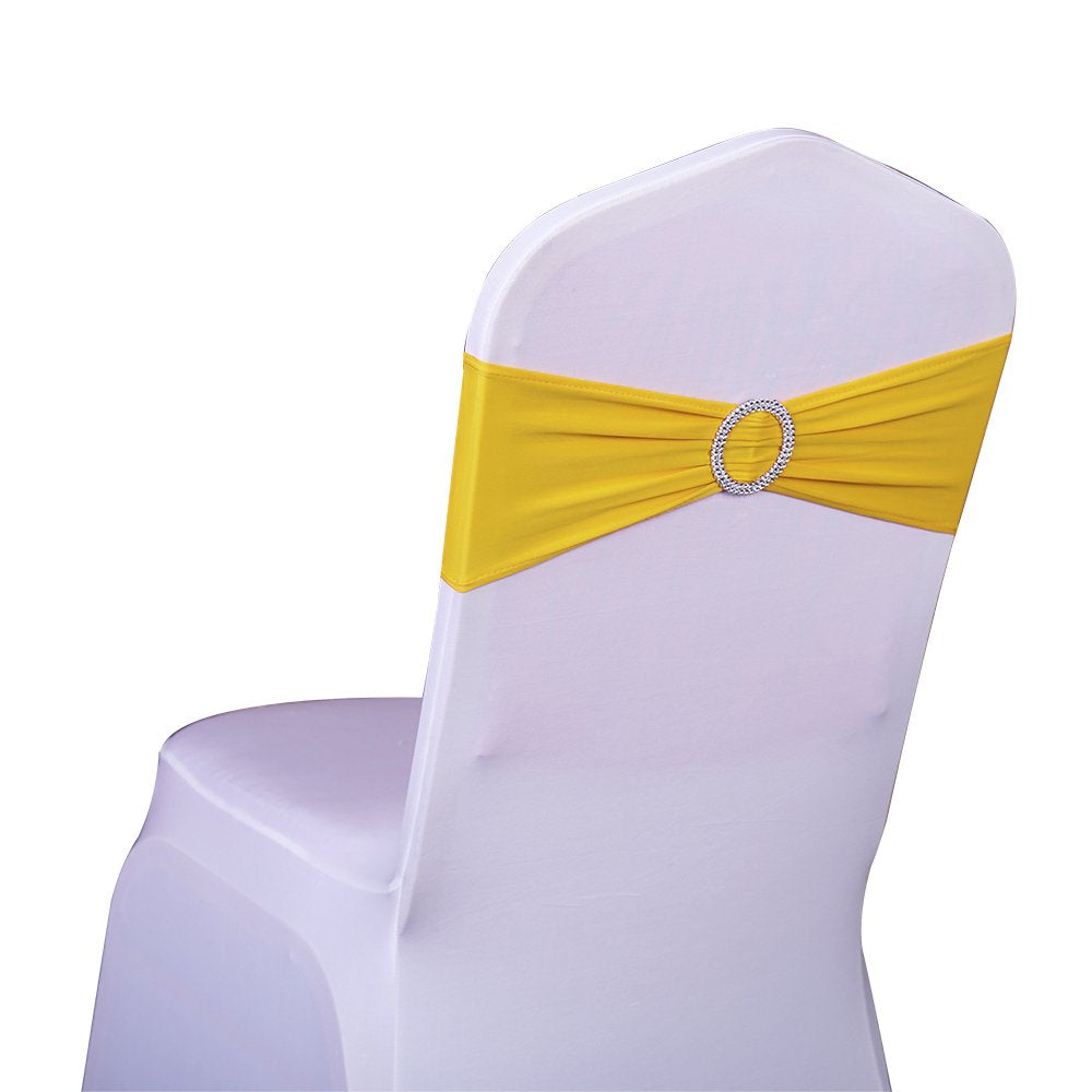 Sinssowl 100Pcs Stretch Wedding Yellow Chair Sashes Bands With Buckle Slider Sashes Bow Decorations 25 Colors (Yellow)