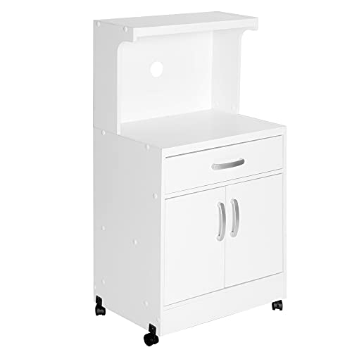 Shelby Kitchen Wooden Microwave Cart with One Drawer and Two Doors. Rolling Kitchen Cart (White) Easy Assembly.
