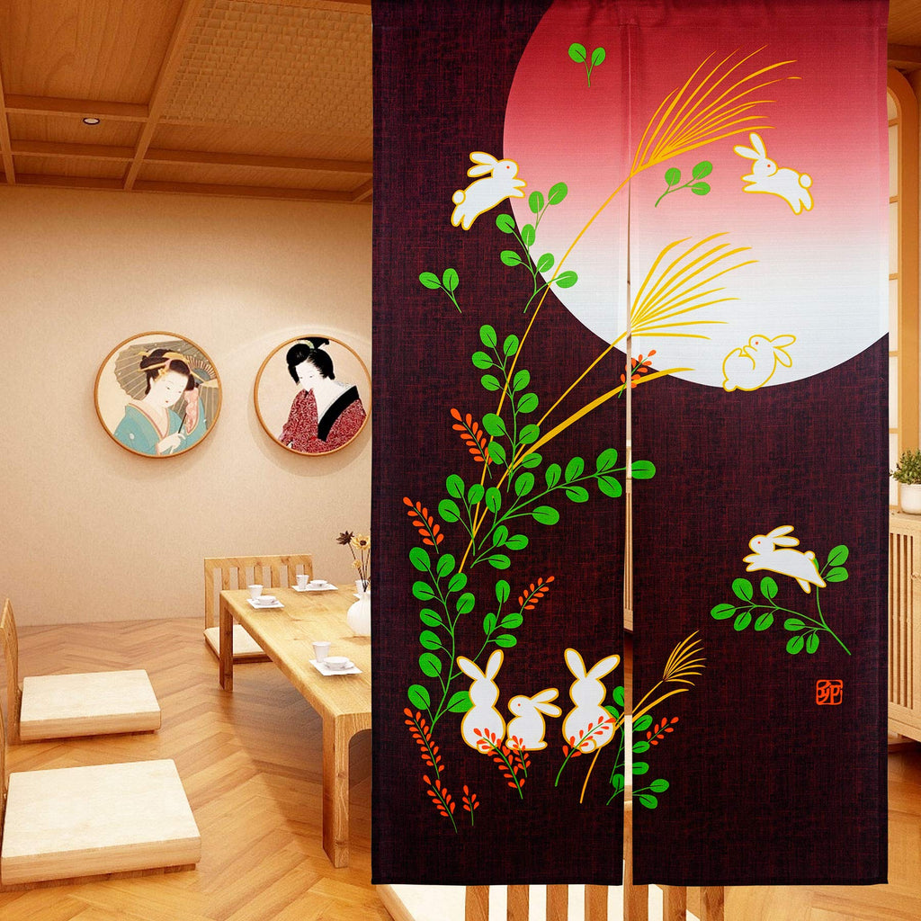 Ligicky Japanese Doorway Curtain Noren Cute Rabbit Under Moon Decoration Red 33X59Inch