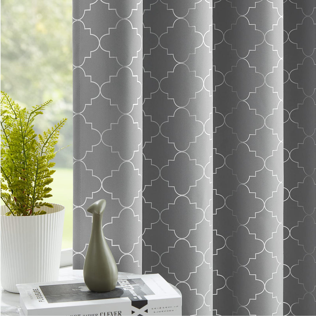 Enactex 100% Full Blackout Curtains Thermal Insulated Drapes 95 Inch Long For Bedroom, Grey Drapery With Silver Geometric Patter