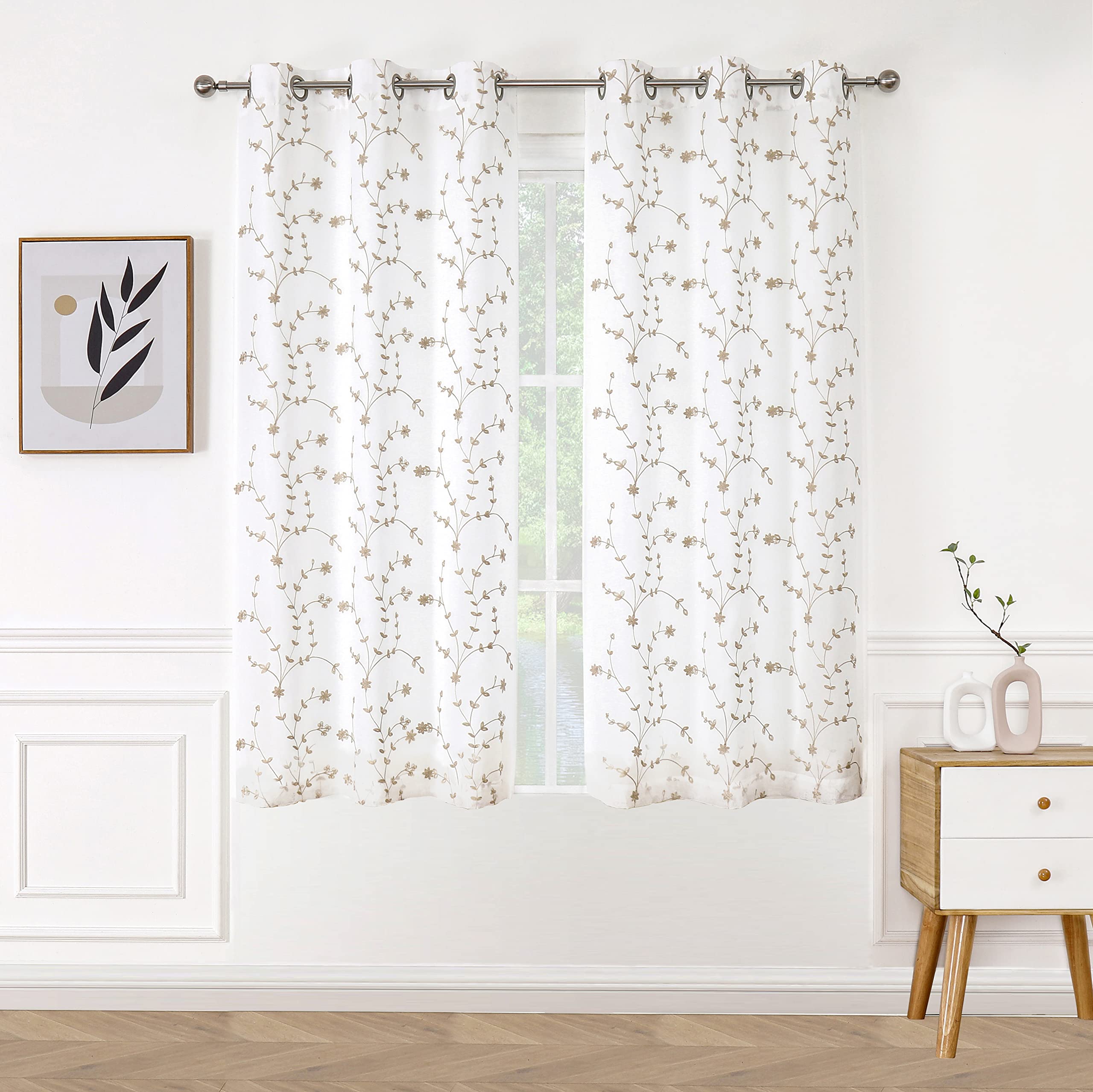 Bujasso Floral Semi Sheer White Curtains 63 Inch Embroidered Tan Leaf Window Curtain Panels With Lined Privacy Farmhouse Light F