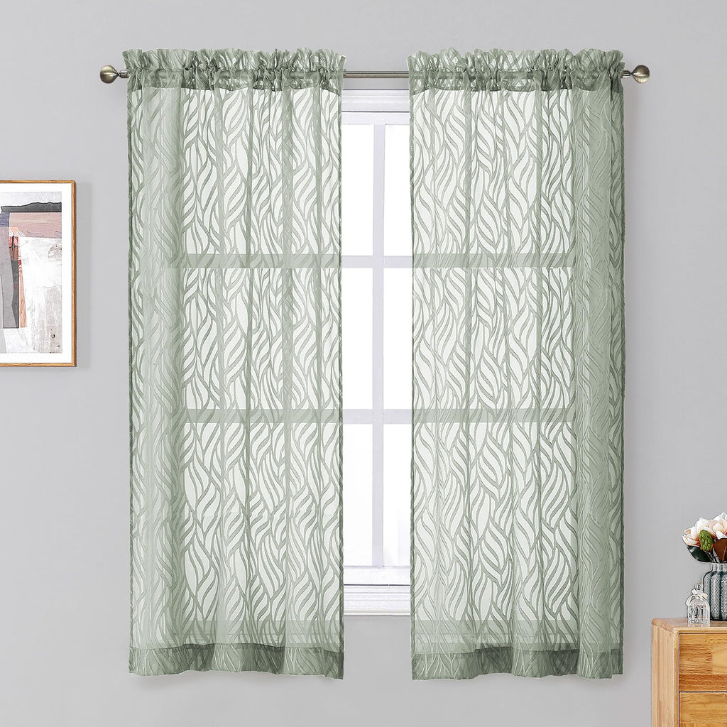 Chyhomenyc Marilyn Sage Green Sheer Curtains 63 Inch Length 2 Panels, Light Filtering 3D Leaf Clip Jacquard Textured Voile Drape