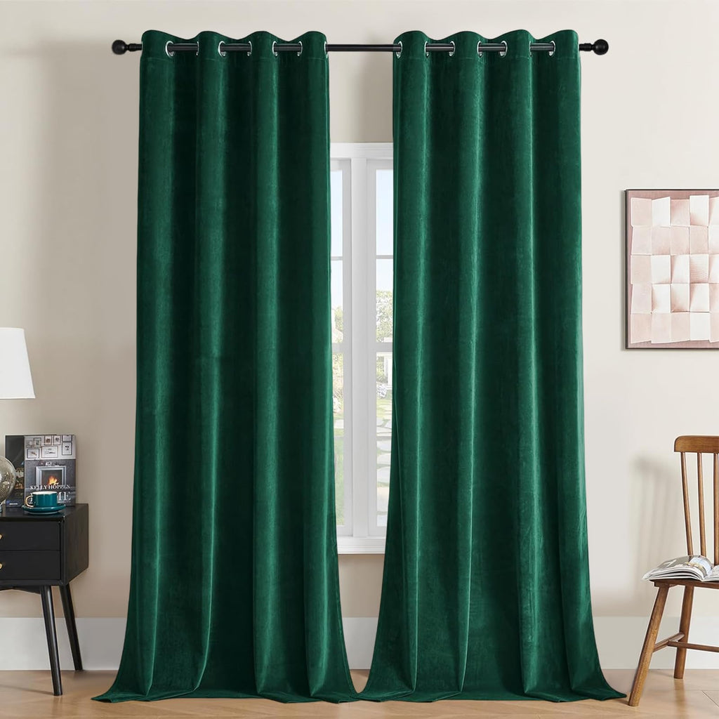 Joydeco Dark Green Velvet Curtains 96 Inches Long, Luxury Grommet Blackout Curtain 2 Panels, Thermal Insulated Privacy Room Dark