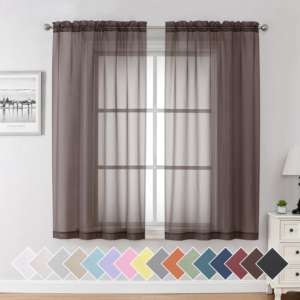 Aiyufeng Chocolate Sheer Curtains 63 Inches Long 2 Panels, Solid Voile Top Dual Rod Pockets Stylish Breathable Drapes Window Tre