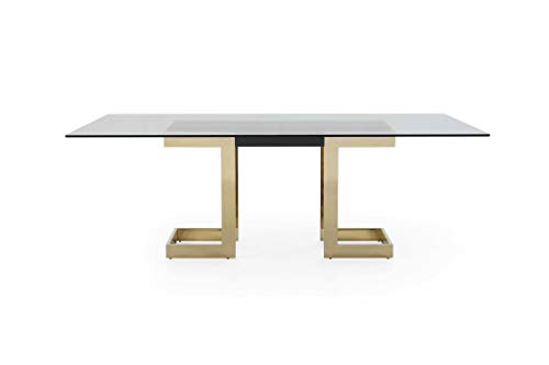 HomeRoots Clear and Gold 12mm Glass Steel; Stainless Steel 87" X 39" X 30" Polished Gold Glass Stainless Steel Dining Table