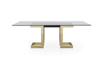 HomeRoots Clear and Gold 12mm Glass Steel; Stainless Steel 87" X 39" X 30" Polished Gold Glass Stainless Steel Dining Table