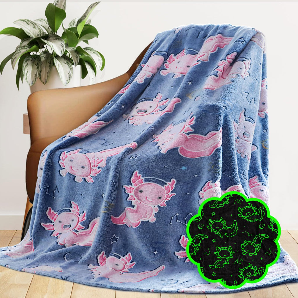 Glow In The Dark Blanket Axolotl Pink Gifts Toys Decor For Kids Girls Cute Cozy Soft Glowing Salamander Twin Size Blue Throw Bla