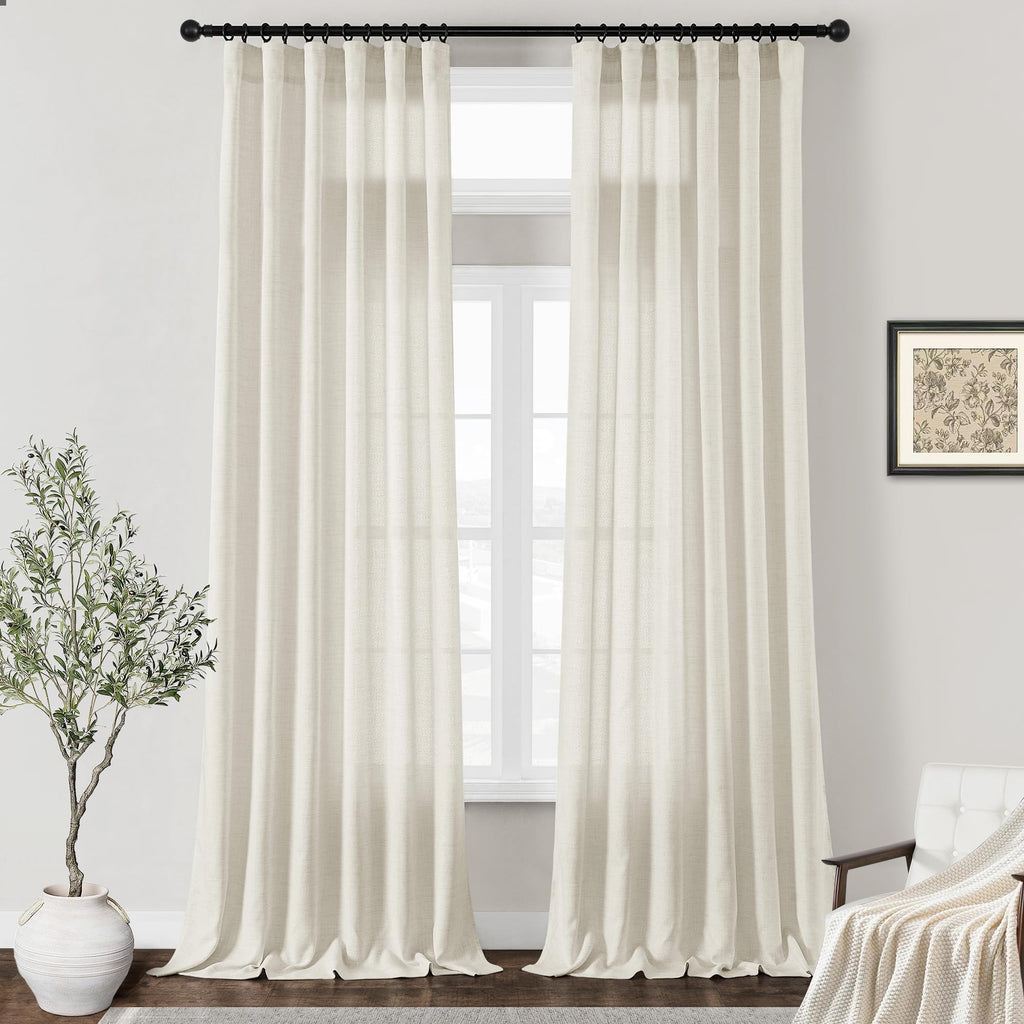 Dukiyo 132 Inch Linen Curtains 2 Panels, Pleat Hook Belt Rod Pocket Privacy Semi Sheer Extra Long Hotel Curtain Drapes 132 Inch