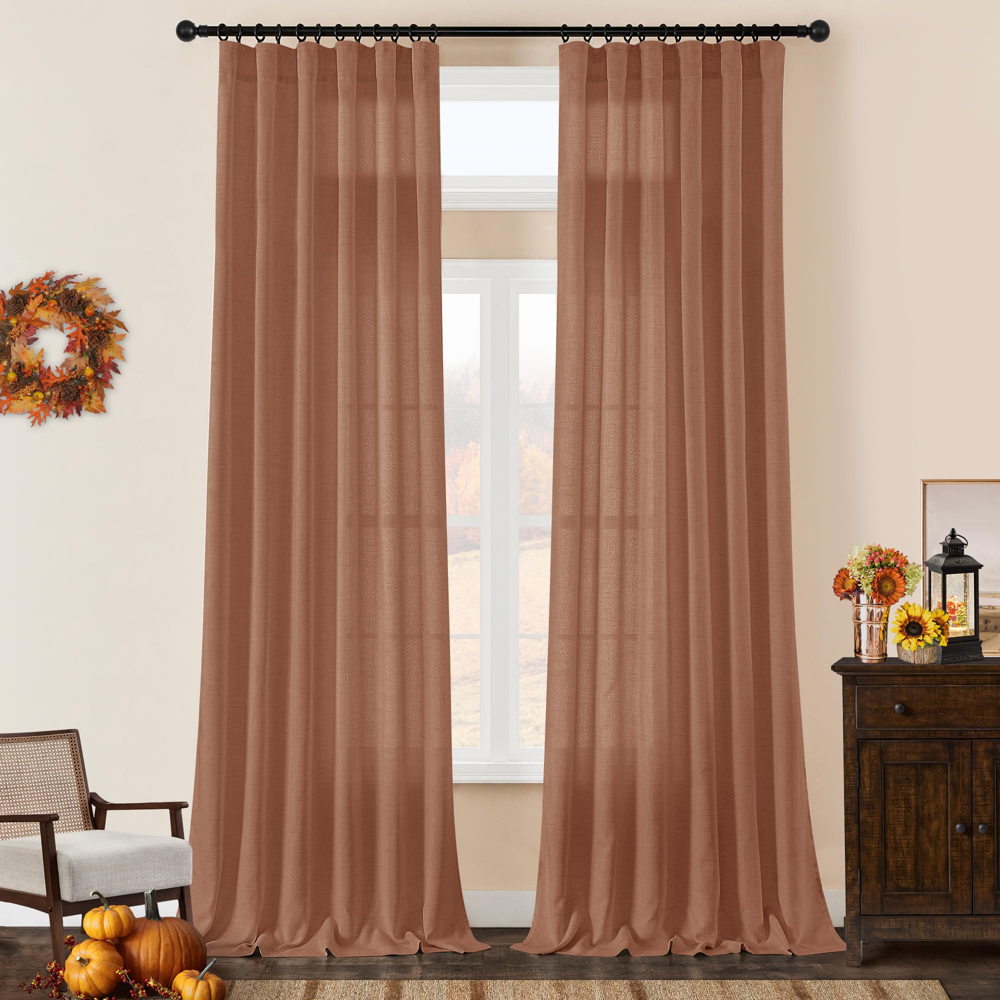 Dukiyo Terracotta Linen Curtains 132 Inch Length 2 Panels For High Living Room Semi Sheer Light Filtering Extra Long 132 Inch Cu