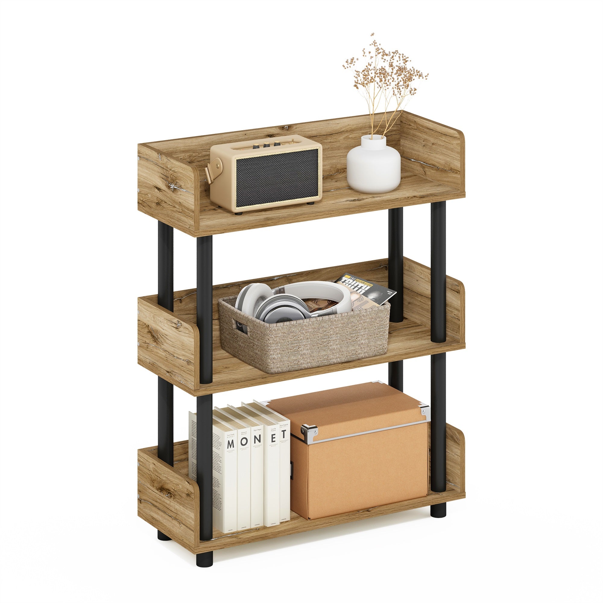 Furinno Turn-N-Tube 3-Tier Toolless Display Rack, Flagstaff Oak/Black