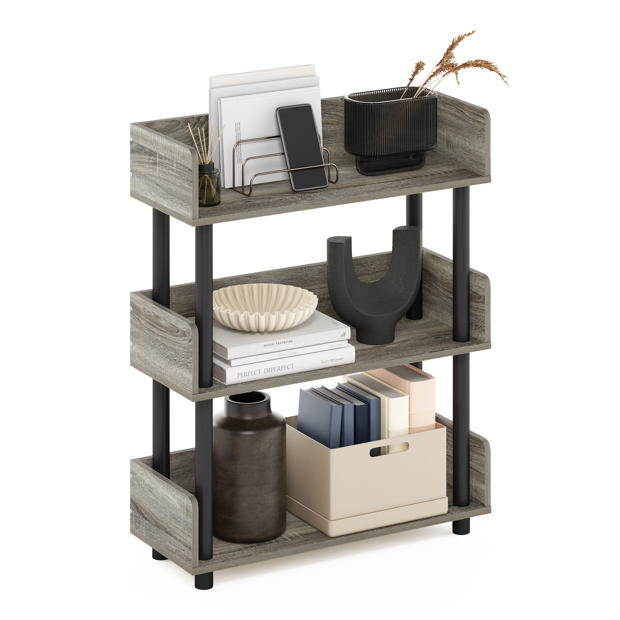 Furinno Turn-N-Tube 3-Tier Toolless Display Rack, French Oak/Black