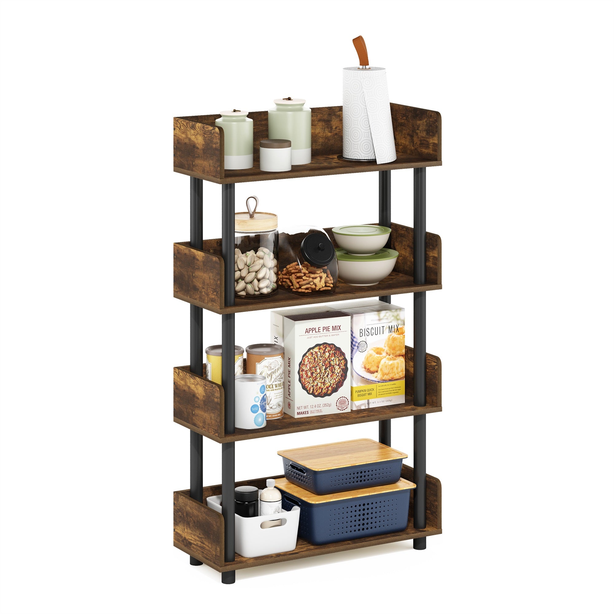 Furinno Turn-N-Tube 4-Tier Toolless Display Rack, Amber Pine/Black