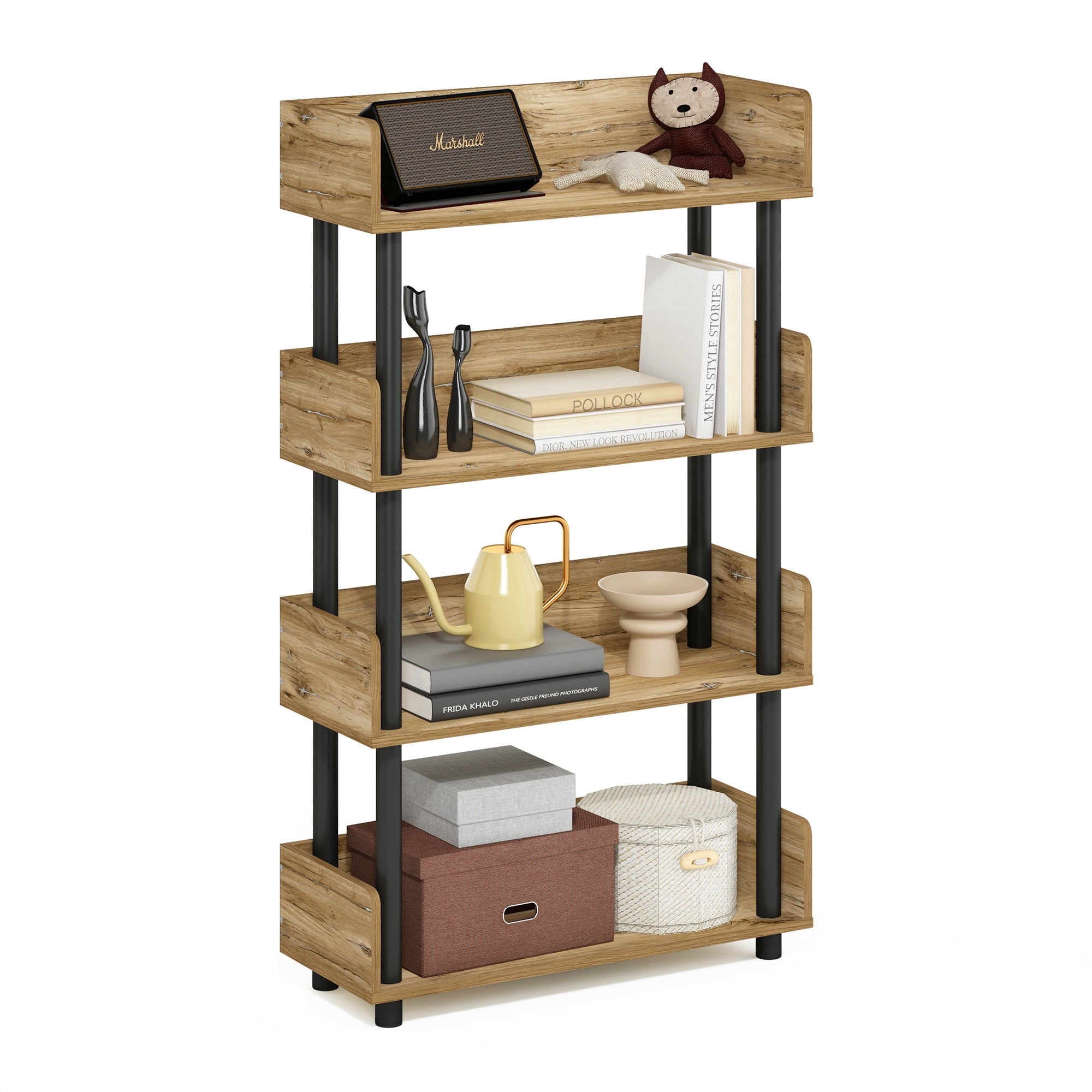 Furinno Turn-N-Tube 4-Tier Toolless Display Rack, Flagstaff Oak/Black